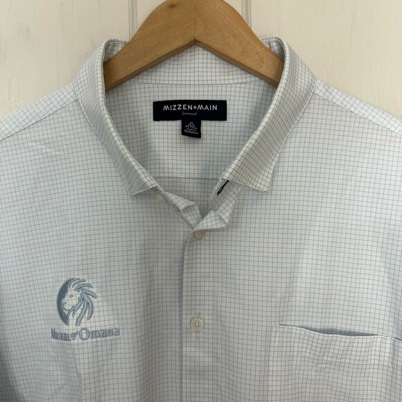 Mizzen Main Leeward Shirt Mens XL‎ Trim No Tuck White Blue Check Company LOGO - Picture 6 of 9